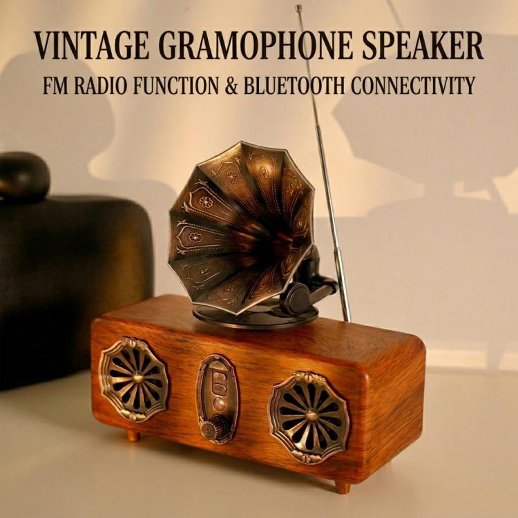 Retro Bluetooth Speaker Vintage Phonograph Style Supports FM Radio/TF Card/USB/AUX - Walnut Wood Grain