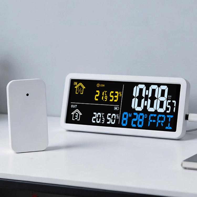 Digital Wall Clock with Wireless Outdoor Sensor Indoor Outdoor Temperature and Humidity Monitor - YD204 White