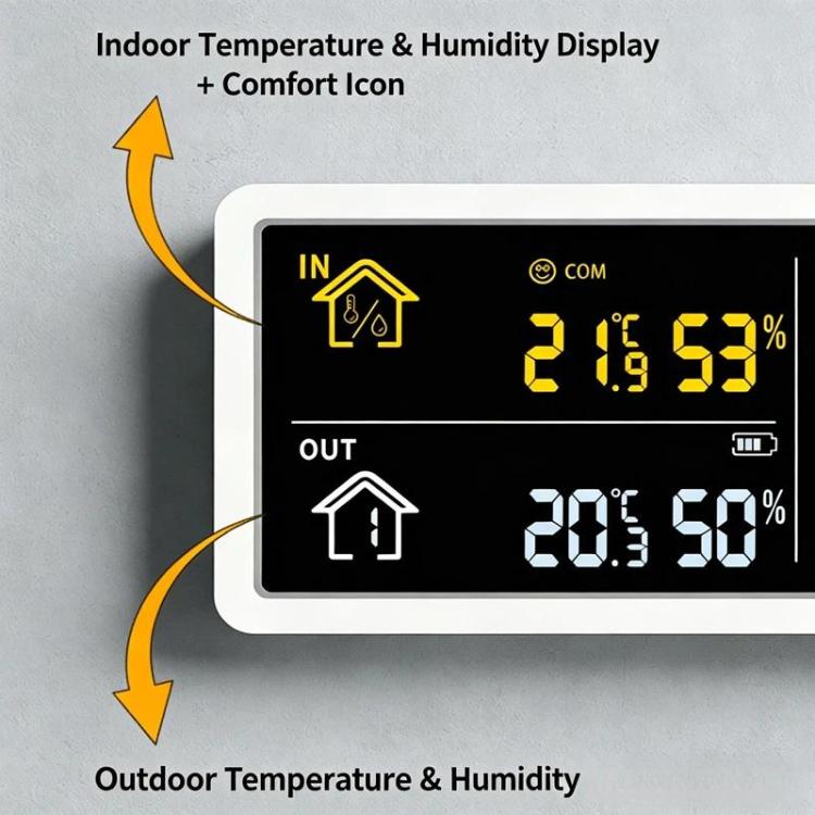 Digital Wall Clock with Wireless Outdoor Sensor Indoor Outdoor Temperature and Humidity Monitor - YD204 White