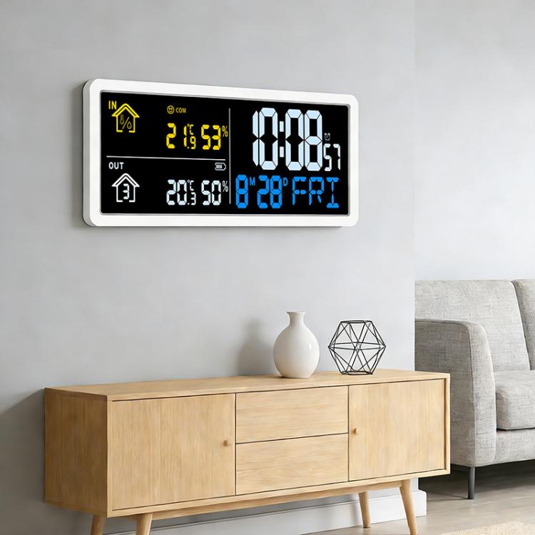 Digital Wall Clock with Wireless Outdoor Sensor Indoor Outdoor Temperature and Humidity Monitor - YD204 White