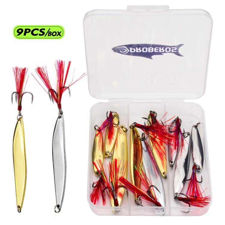 PROBEROS 9pcs /Box Fishing Spoons Lure Set Metal Willow Leaf Spinner Baits with Blood Groove Treble Hooks - SS006