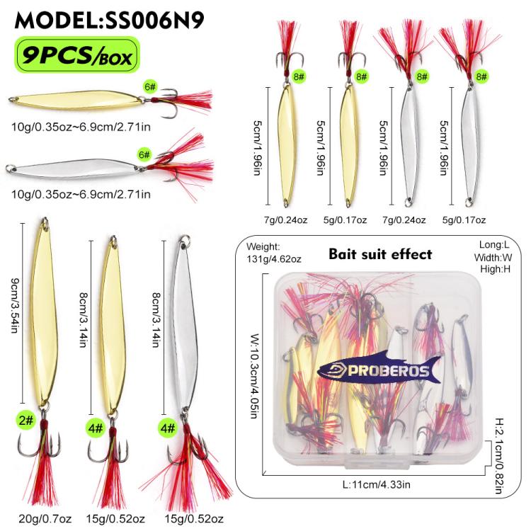 PROBEROS 9pcs /Box Fishing Spoons Lure Set Metal Willow Leaf Spinner Baits with Blood Groove Treble Hooks - SS006