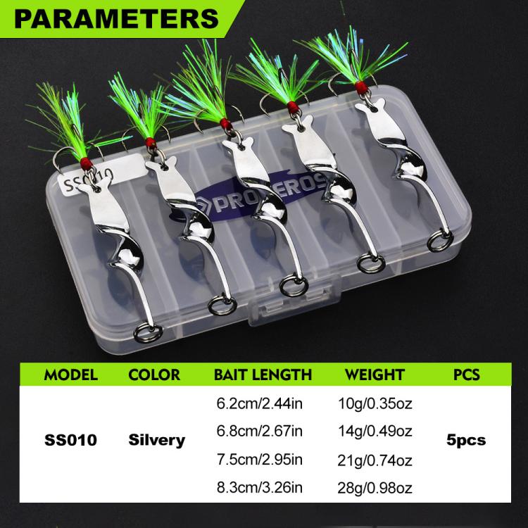 PROBEROS 5pcs /Box Spiral Metal Spinner Fishing Lures Kit 360-Degree High Speed Rotating Spoon Baits 14G