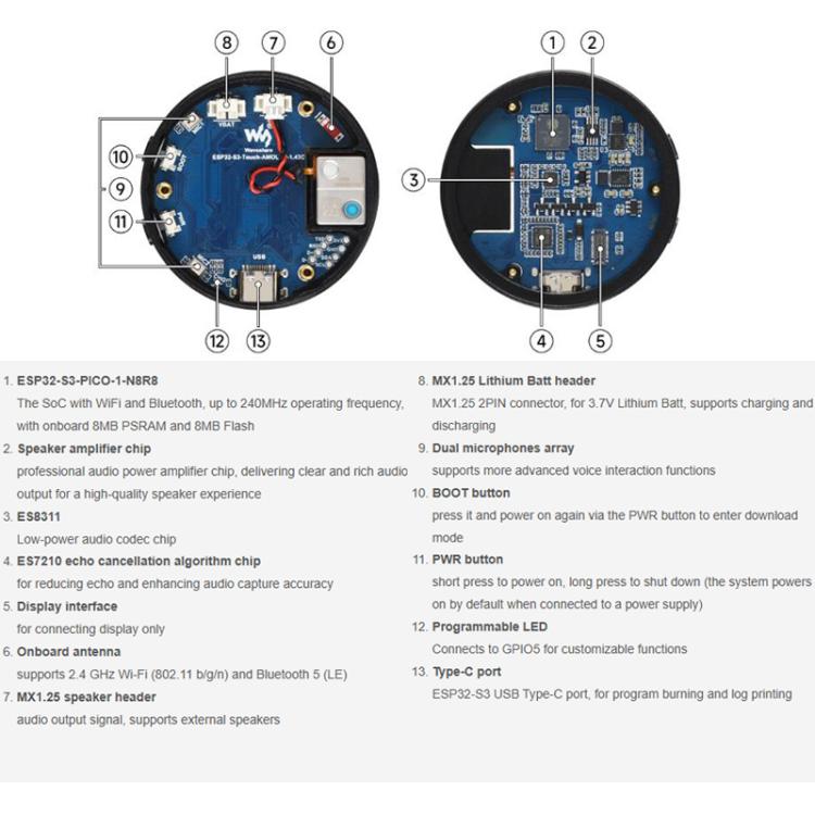 Waveshare 34384 ESP32-S3 1.43 Inch AMOLED Round Touch Display Development Board Supports AI Speech Interaction And Online LLM Platforms Without Lithium Batteries