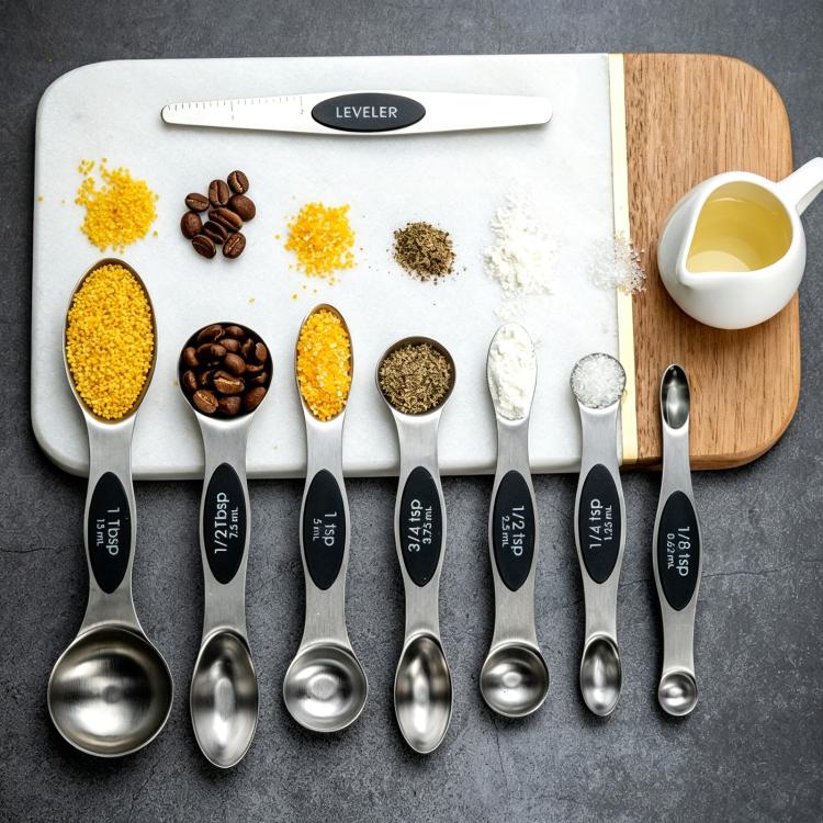 LsCook 8-Piece Set Magnetic Stainless Steel Double-Ended Measuring Spoon With Baking Markings - Black Colorful Boxed