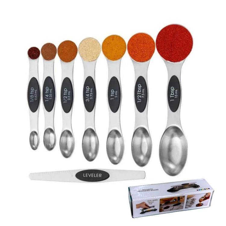 LsCook 8-Piece Set Magnetic Stainless Steel Double-Ended Measuring Spoon With Baking Markings - Black Colorful Boxed