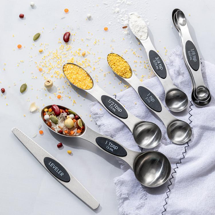 LsCook 8-Piece Set Magnetic Stainless Steel Double-Ended Measuring Spoon With Baking Markings - Black Colorful Boxed