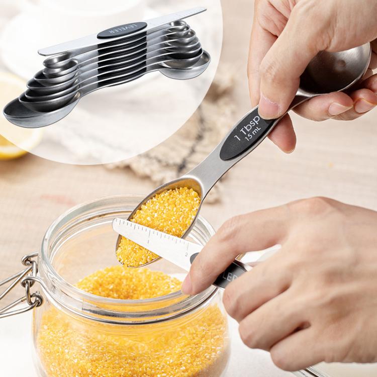 LsCook 8-Piece Set Magnetic Stainless Steel Double-Ended Measuring Spoon With Baking Markings - Black Colorful Boxed