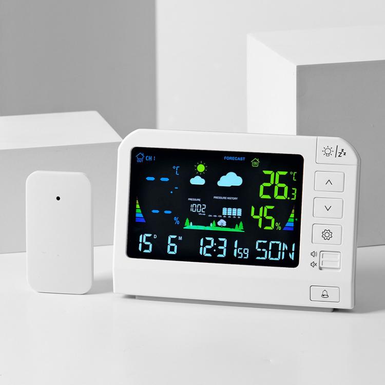 Wireless Color Weather Station Atomic Clock With Outdoor Sensor Digital Indoor Outdoor Thermometer Hygrometer 777 White