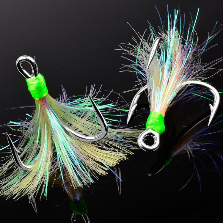 PROBEROS 10pcs /Box Dressed Treble Hooks with Feathers and Flash Ultra-Sharp High Carbon Steel Replacement Hooks, Spec: No. 3/0
