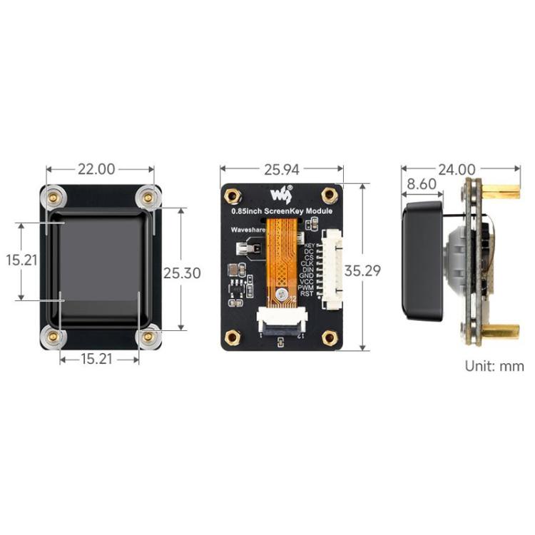 Waveshare 0.85 Inch Mechanical LCD ScreenKey, IPS Panel, 128 X 128 Resolution, 65K Color, SPI Communication Interface, Spec: Module White