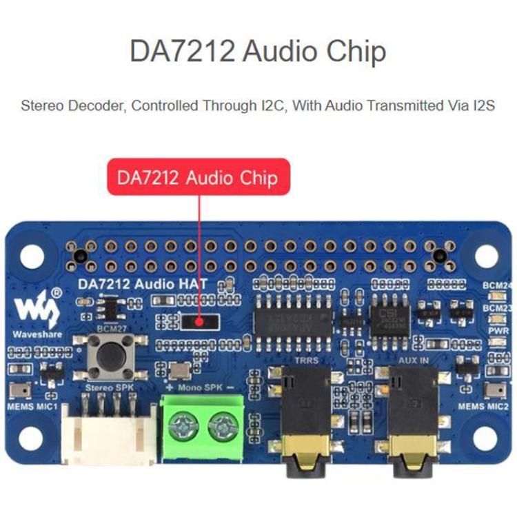 Waveshare 34213 DA7212 I2S Audio Board For Raspberry Pi, Stereo Encoding/Decoding