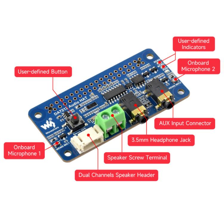 Waveshare 34213 DA7212 I2S Audio Board For Raspberry Pi, Stereo Encoding/Decoding