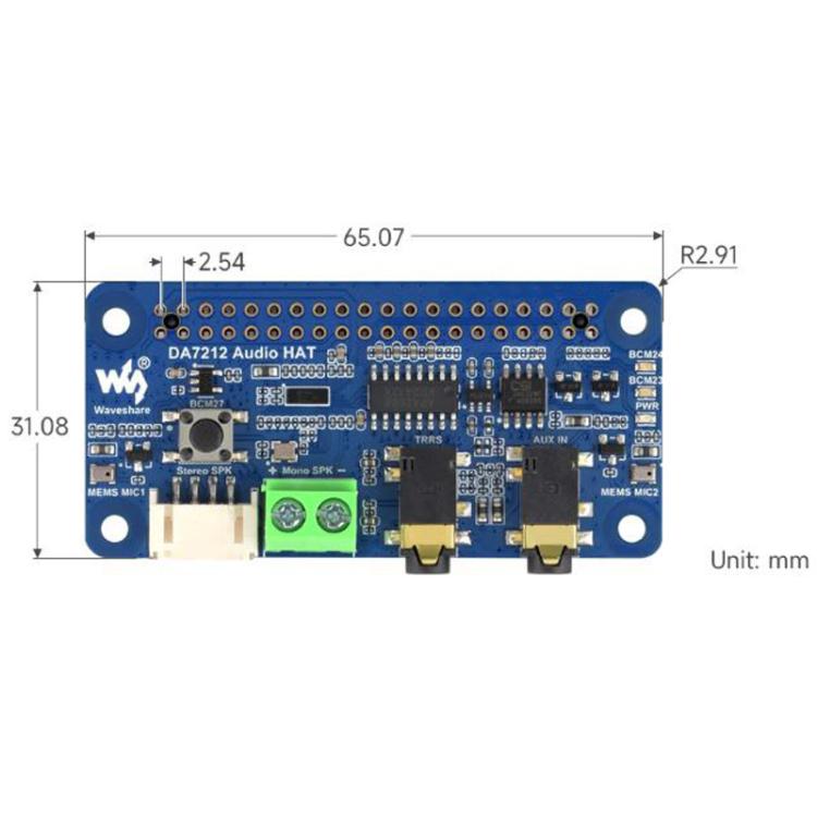 Waveshare 34213 DA7212 I2S Audio Board For Raspberry Pi, Stereo Encoding/Decoding