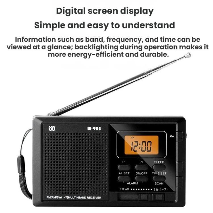 WDK FM/AM/SW Multi-Band LCD Screen Clock-Controlled Stereo Digital Radio, Specification: For US - Black