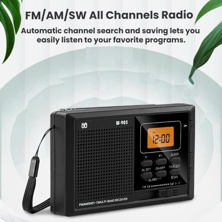 WDK FM/AM/SW Multi-Band LCD Screen Clock-Controlled Stereo Digital Radio, Specification: For US - Black