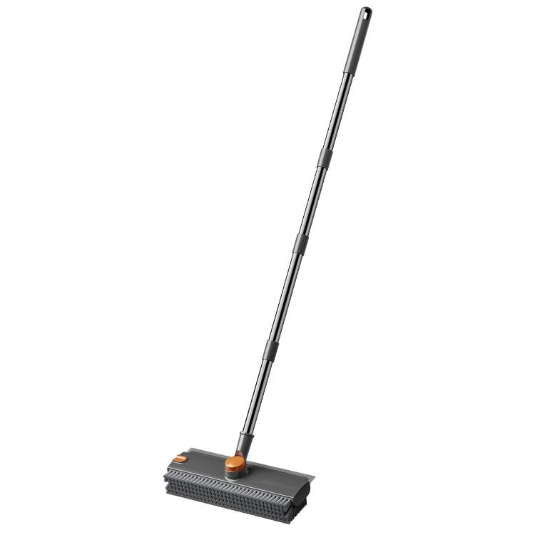 Floor Scrub Brush with Long Handle 2-in-1 Dual-Sided V-Shaped Grout Brush with Squeegee, 360-degree Swivel Head and Built-in Hair Tweezers - Black Gray