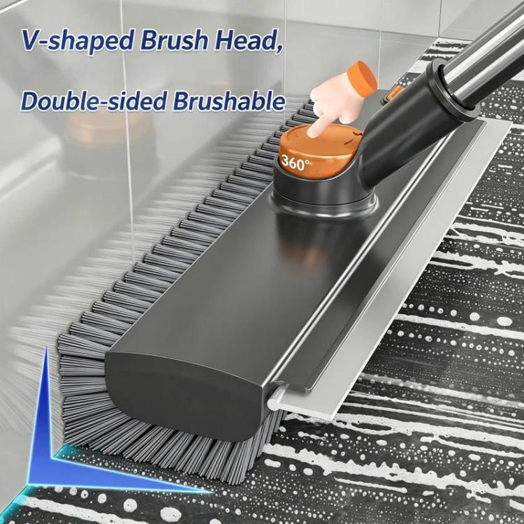 Floor Scrub Brush with Long Handle 2-in-1 Dual-Sided V-Shaped Grout Brush with Squeegee, 360-degree Swivel Head and Built-in Hair Tweezers - Black Gray