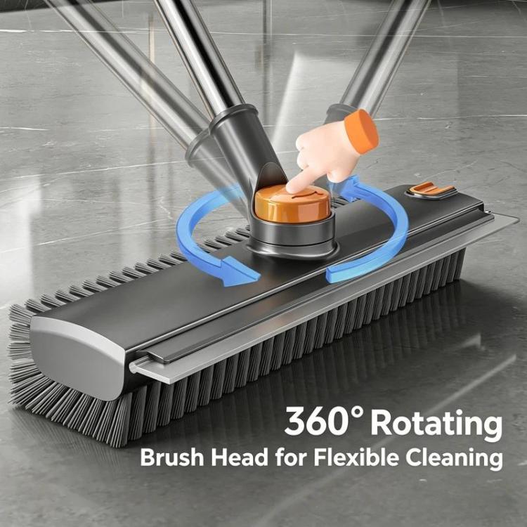 Floor Scrub Brush with Long Handle 2-in-1 Dual-Sided V-Shaped Grout Brush with Squeegee, 360-degree Swivel Head and Built-in Hair Tweezers - Black Gray