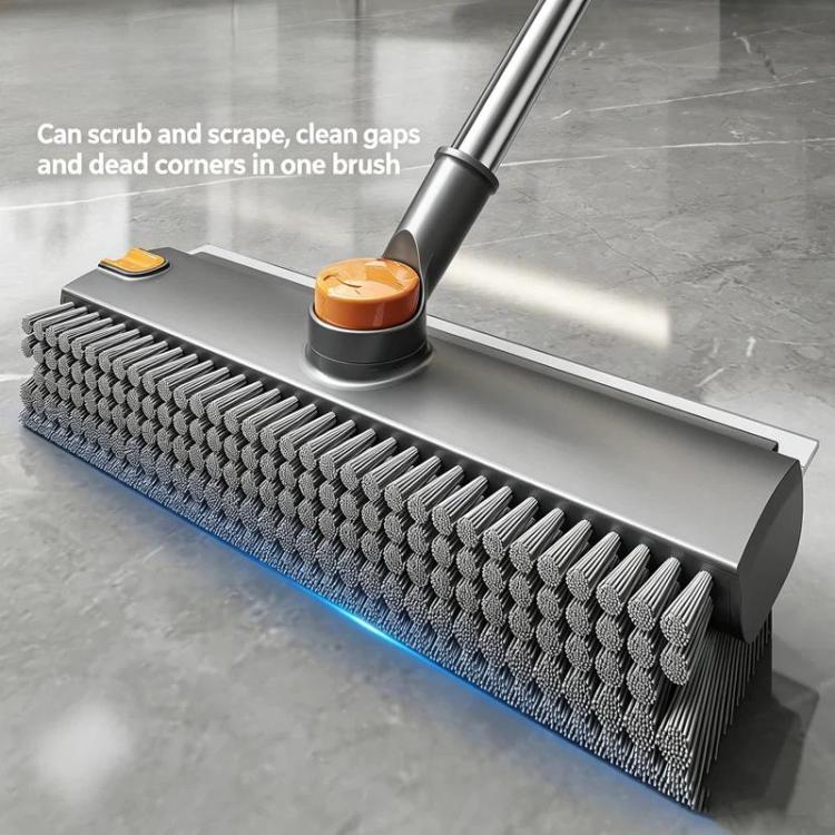 Floor Scrub Brush with Long Handle 2-in-1 Dual-Sided V-Shaped Grout Brush with Squeegee, 360-degree Swivel Head and Built-in Hair Tweezers - Black Gray