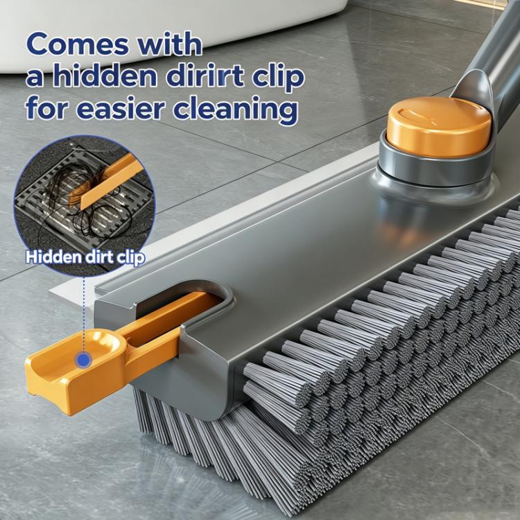 Floor Scrub Brush with Long Handle 2-in-1 Dual-Sided V-Shaped Grout Brush with Squeegee, 360-degree Swivel Head and Built-in Hair Tweezers - Black Gray