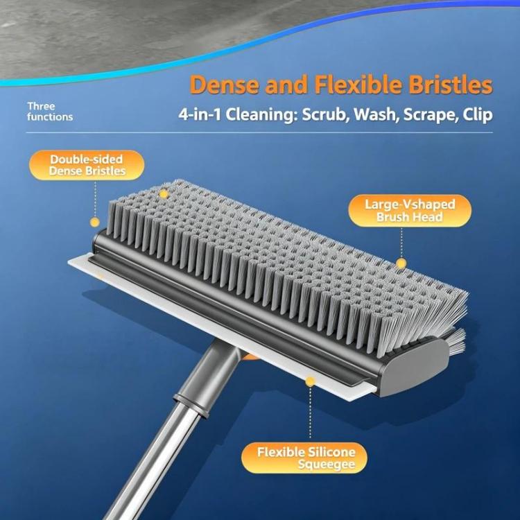 Floor Scrub Brush with Long Handle 2-in-1 Dual-Sided V-Shaped Grout Brush with Squeegee, 360-degree Swivel Head and Built-in Hair Tweezers - Black Gray