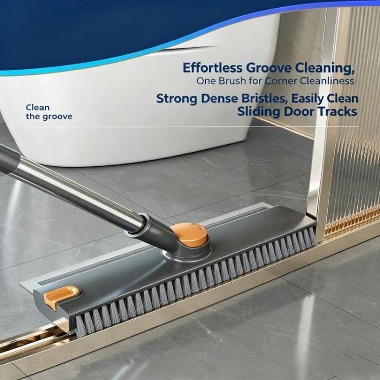 Floor Scrub Brush with Long Handle 2-in-1 Dual-Sided V-Shaped Grout Brush with Squeegee, 360-degree Swivel Head and Built-in Hair Tweezers - Black Gray