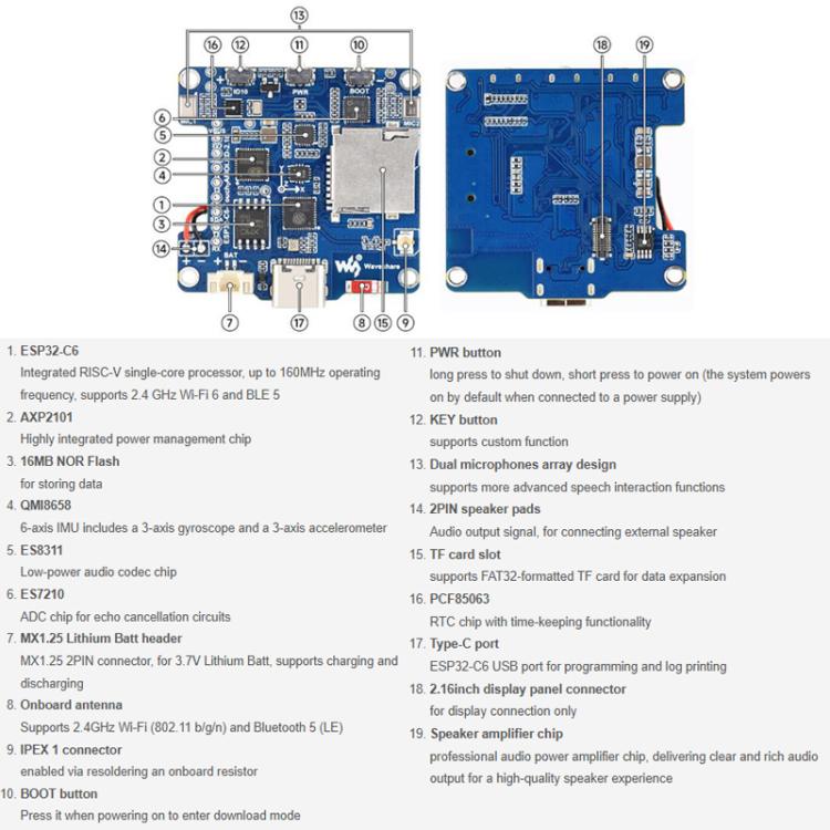 Waveshare 34201 ESP32-C6 2.16 Inch AMOLED Display Touch Screen Development Board Supports Dual Microphones, Wi-Fi 6 And BLE 5 No Battery