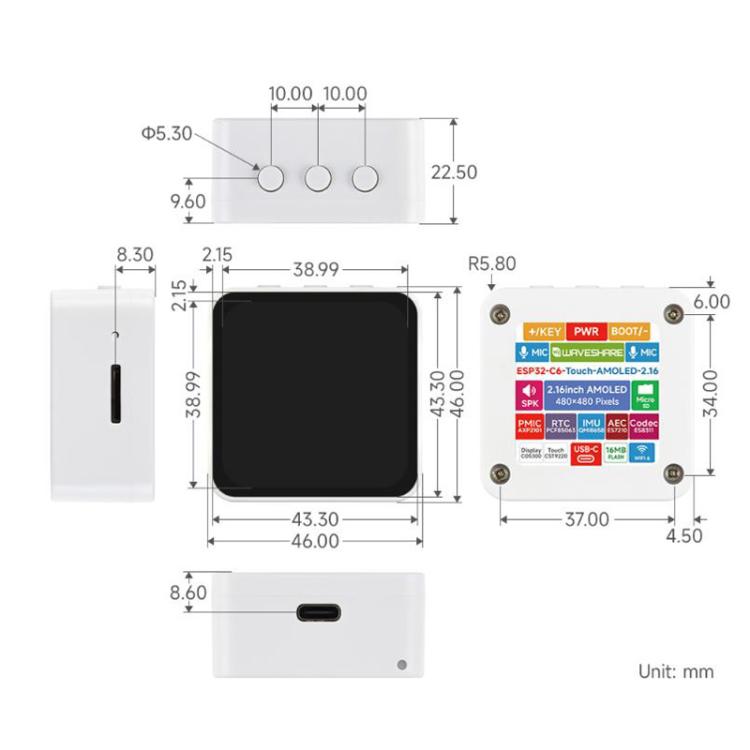 Waveshare 34201 ESP32-C6 2.16 Inch AMOLED Display Touch Screen Development Board Supports Dual Microphones, Wi-Fi 6 And BLE 5 No Battery