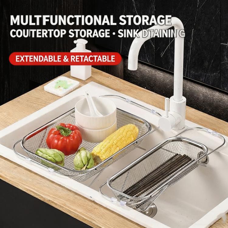 Expandable Over The Sink Colander Strainer 304 Stainless Steel Fine Mesh Drain Basket With Adjustable Arms And Standing Feet Small
