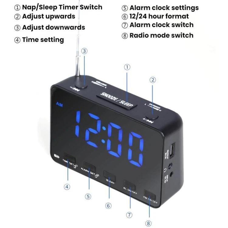 WDK Single-Band FM Digital Extra-Large Screen Display Alarm Clock Radio, Size: For US - Black Machine With Blue Light
