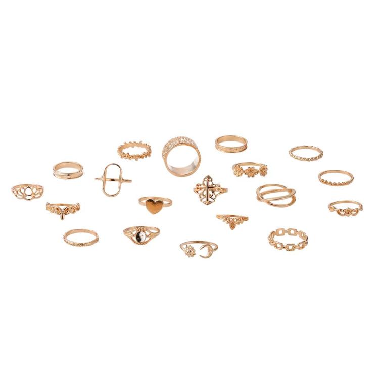 19pcs /Set Vintage Heart Flower Chain Ring Set - 7015