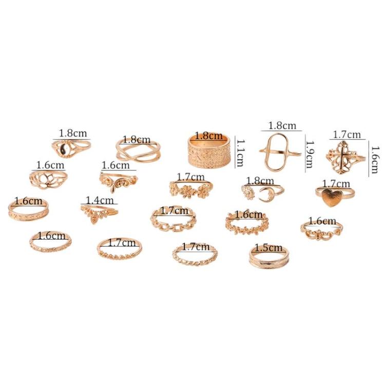 19pcs /Set Vintage Heart Flower Chain Ring Set - 7015
