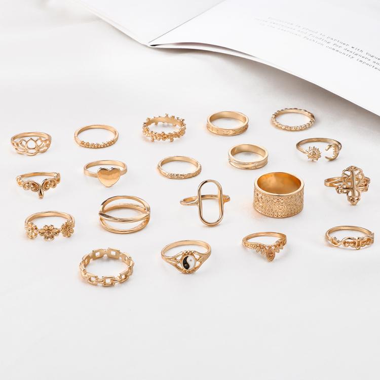 19pcs /Set Vintage Heart Flower Chain Ring Set - 7015