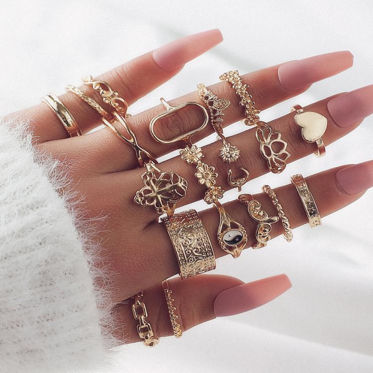 19pcs /Set Vintage Heart Flower Chain Ring Set - 7015