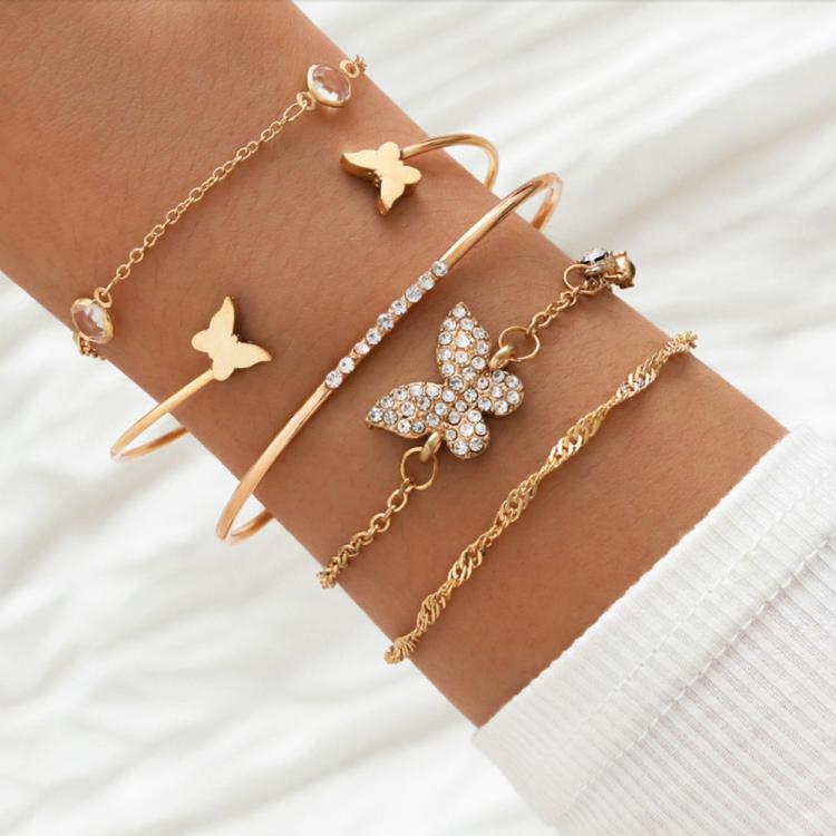 5pcs /Set Bohemian Butterfly Open Cuff Diamond Crystal Bracelet