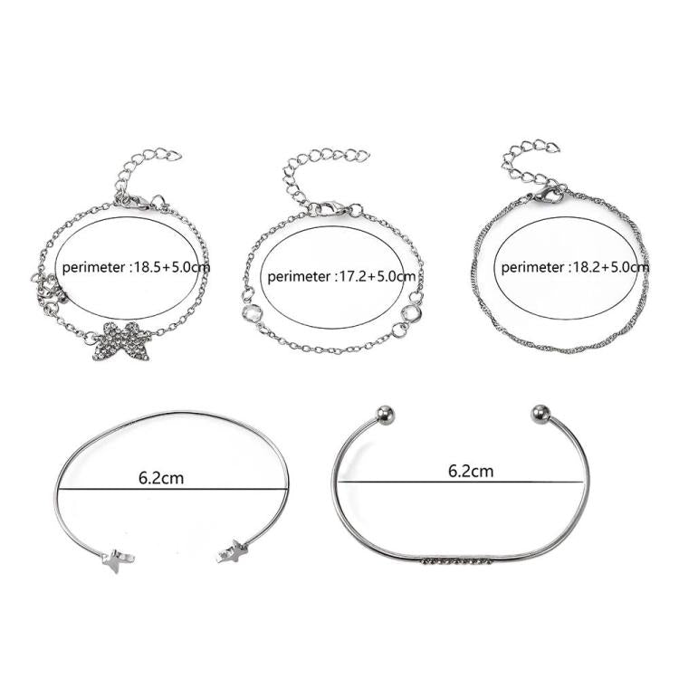 5pcs /Set Bohemian Butterfly Open Cuff Diamond Crystal Bracelet