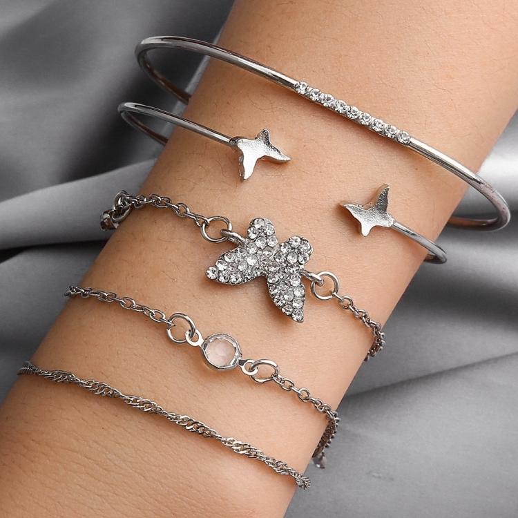 5pcs /Set Bohemian Butterfly Open Cuff Diamond Crystal Bracelet