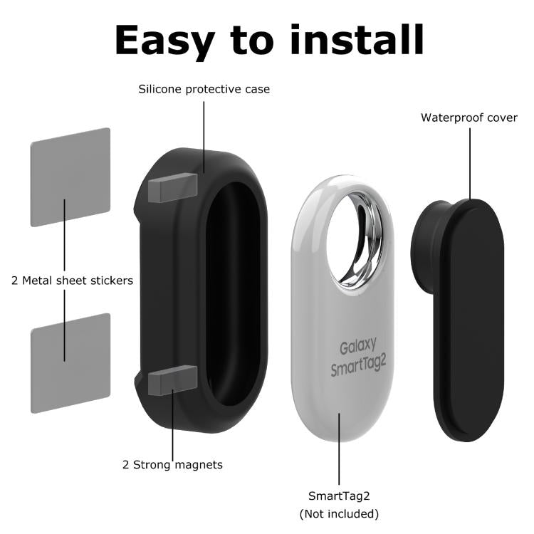 For Samsung Galaxy SmartTag2 Magnetic Waterproof Case Silicone Holder with Strong Magnets & Adhesive Hidden Anti-Theft GPS Tracker Mount for Car, Bike - Black