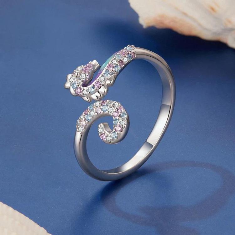 Adjustable Copper-Plated White Gold Dreamy Seahorse Opening Ring - YIR305-E