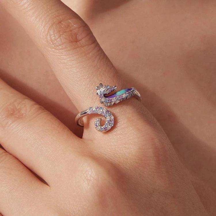 Adjustable Copper-Plated White Gold Dreamy Seahorse Opening Ring - YIR305-E