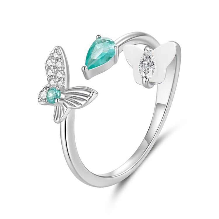 White Gold Plated Mother-Of-Pearl And Zircon Butterfly Double-Layer Adjustable Opening Ring - YIR306-E