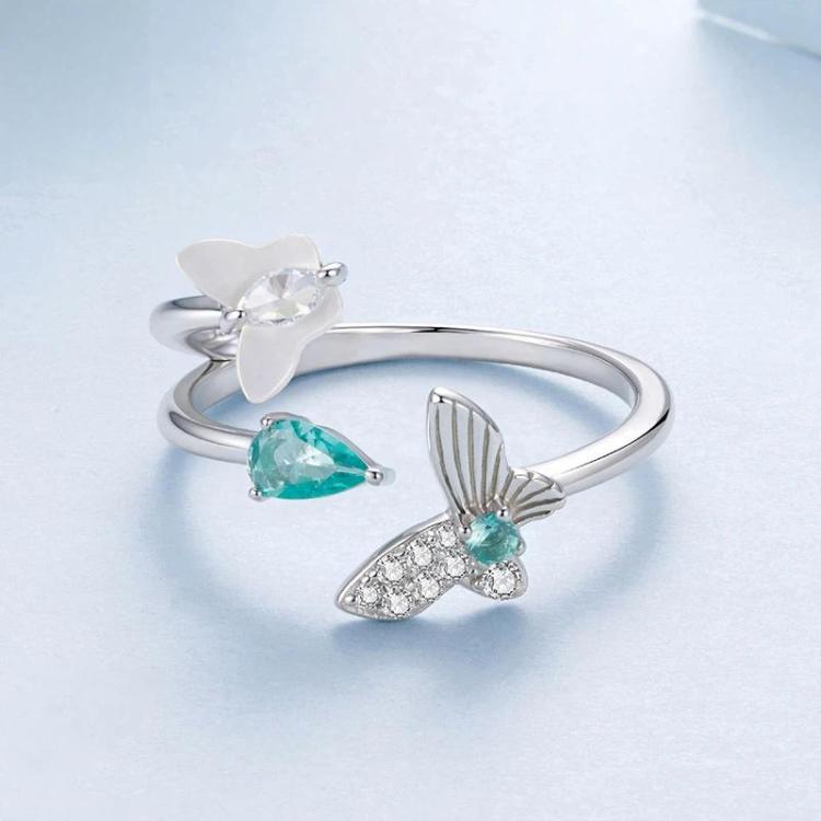 White Gold Plated Mother-Of-Pearl And Zircon Butterfly Double-Layer Adjustable Opening Ring - YIR306-E