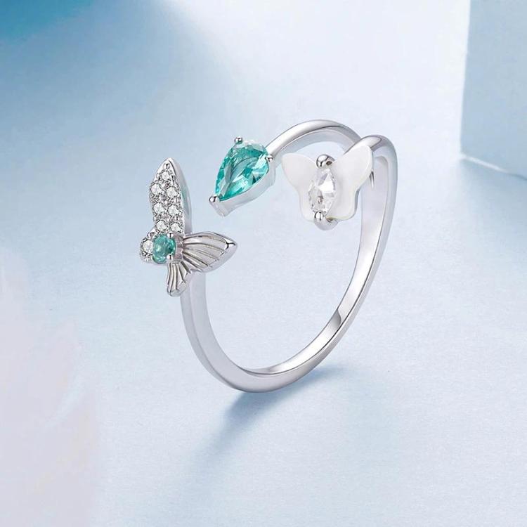 White Gold Plated Mother-Of-Pearl And Zircon Butterfly Double-Layer Adjustable Opening Ring - YIR306-E