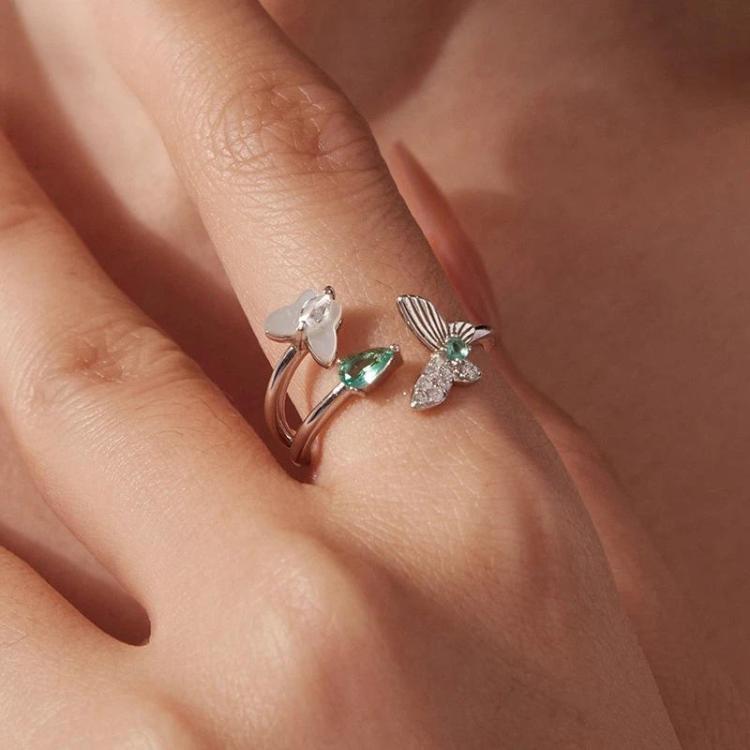 White Gold Plated Mother-Of-Pearl And Zircon Butterfly Double-Layer Adjustable Opening Ring - YIR306-E