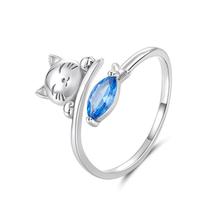 Copper-plated White Gold Cat Eating Fish Cute Open Ring - YIR307-E