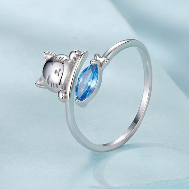 Copper-plated White Gold Cat Eating Fish Cute Open Ring - YIR307-E