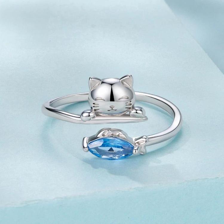 Copper-plated White Gold Cat Eating Fish Cute Open Ring - YIR307-E