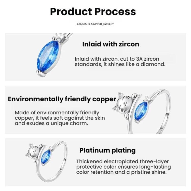 Copper-plated White Gold Cat Eating Fish Cute Open Ring - YIR307-E