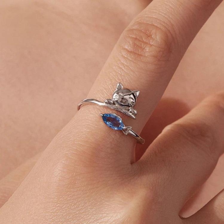 Copper-plated White Gold Cat Eating Fish Cute Open Ring - YIR307-E